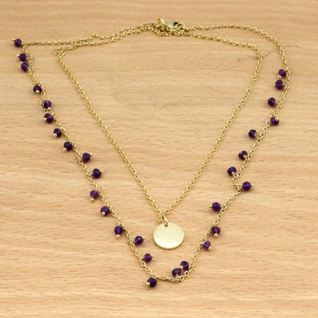 Amethyst beads with disc necklace, Two layer Brass necklace, 22k gold plated